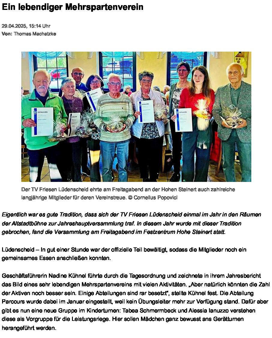 Jahreshauptversammlung TV Friesen Lüdenscheid vom 25.04.2025 Jahreshauptversammlung TV Friesen Lüdenscheid vom 25.04.2025